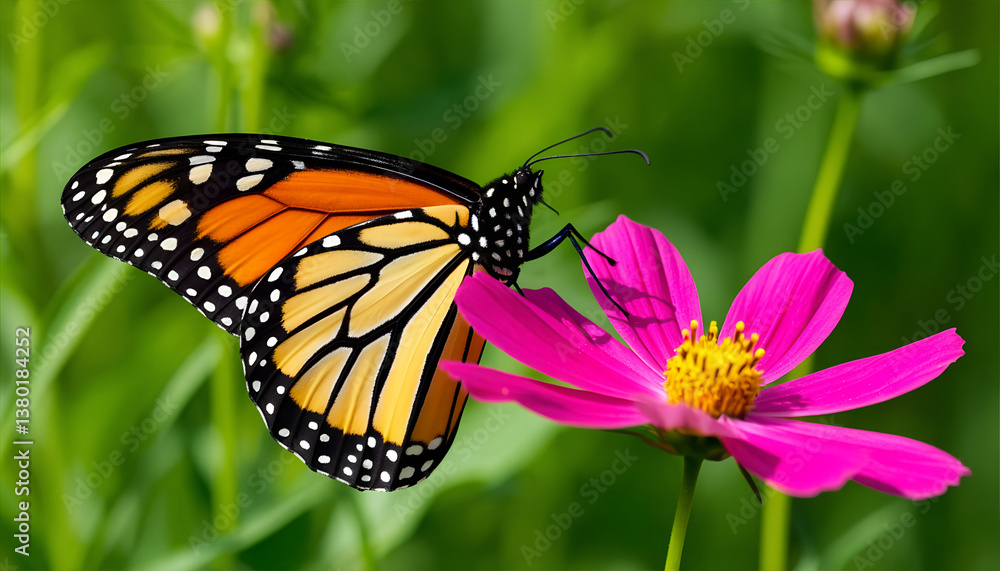Naklejka premium Monarch Butterfly on Pink Cosmos Flower in Natural Setting