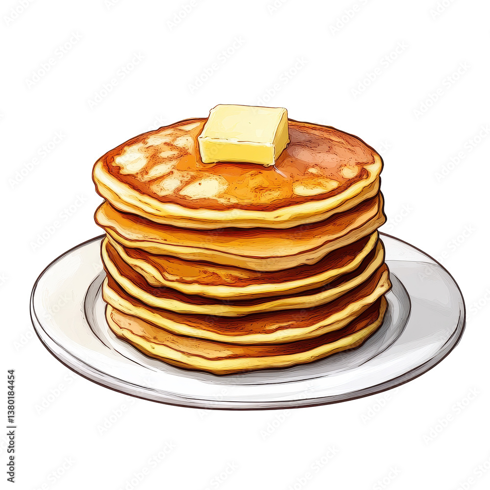 Perfect stack of fluffy pancakes served with a pat of butter on a clean white plate, stack pancakes with butter, Transparent background Perfect stack of fluffy pancakes served with a pat of butter on a clean white plate, stack pancakes with butter, Transparent background