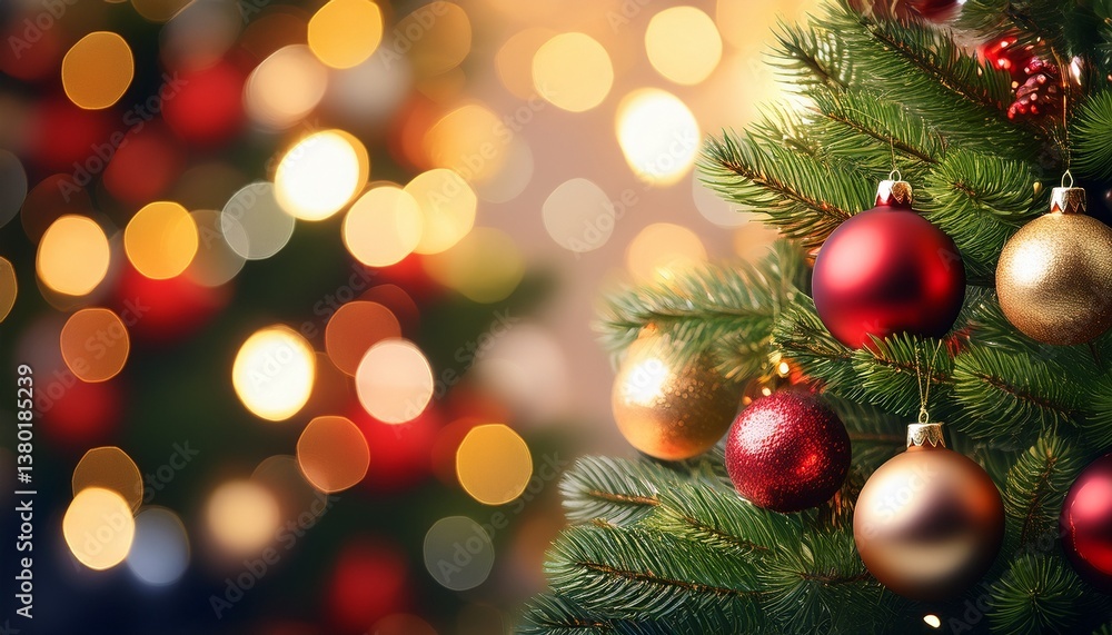 christmas tree with baubles and blurred shiny lights christmas tree with baubles and blurred shiny lights
