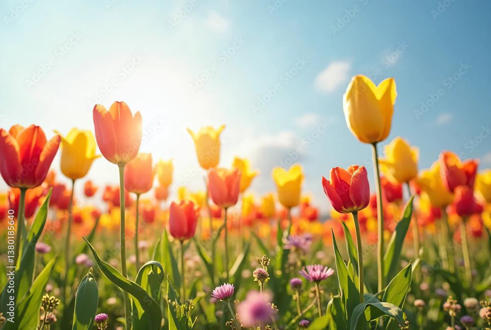 Fototapeta premium Tulip flowers and big sky background.