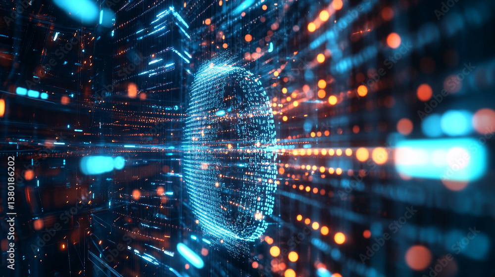 custom made wallpaper toronto digitalDigital padlock formed by binary code amidst glowing lines and bokeh lights in a dark background