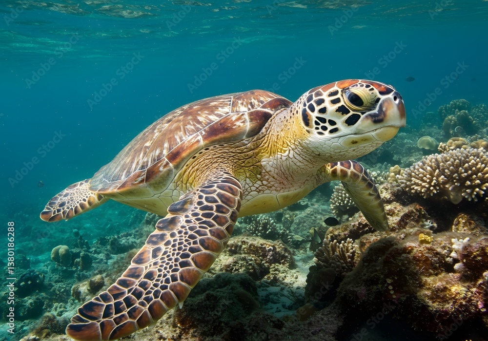 Fototapeta premium Sea Turtle Swimming in Clear Blue Ocean Coral Reef Underwater Scenery, Wildlife, Marine Life