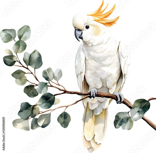 White cockatoo with yellow crest sitting on a branch with eucalyptus leaves and flowers. Vector illustration isolated on white background