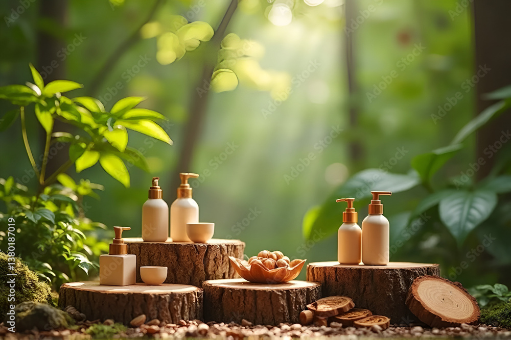 Fototapeta premium Natural Wooden Podiums for Product Presentation – Forest-Themed Cosmetic Display Pedestal