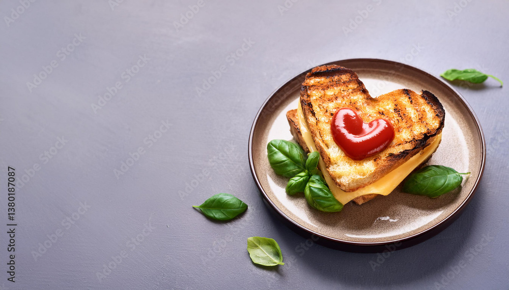 Heart shape grilled cheese sandwich with tomato sauce and green basil leaves. Romantic dish