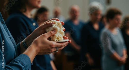 Person holding piece of bread during communion service with congregation. Christian sacrament of Eucharist with bread representing body of Christ. Religious ceremony. Church worship ritual.