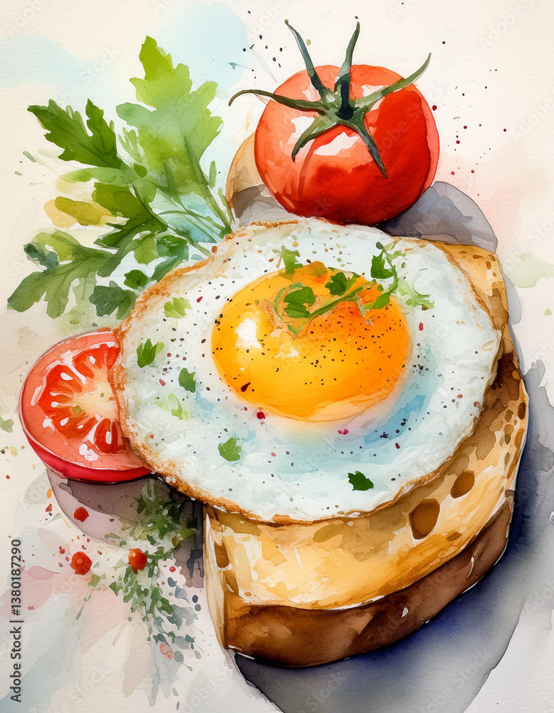Watercolor fried egg with tomatoes, green herbs, and toasted bread. Healthy diet vegan food