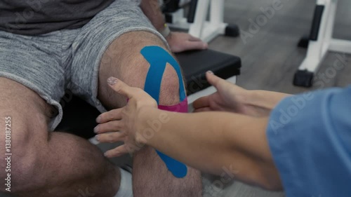 Close-up view of unknown young female physiotherapist taping kneecap of unrecognisable male patient before rehabilitation workout