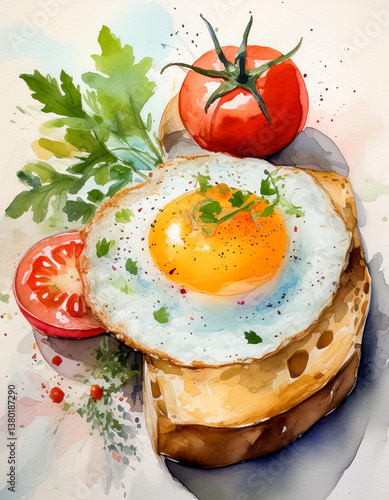 Watercolor fried egg with tomatoes, green herbs, and toasted bread. Healthy diet vegan food