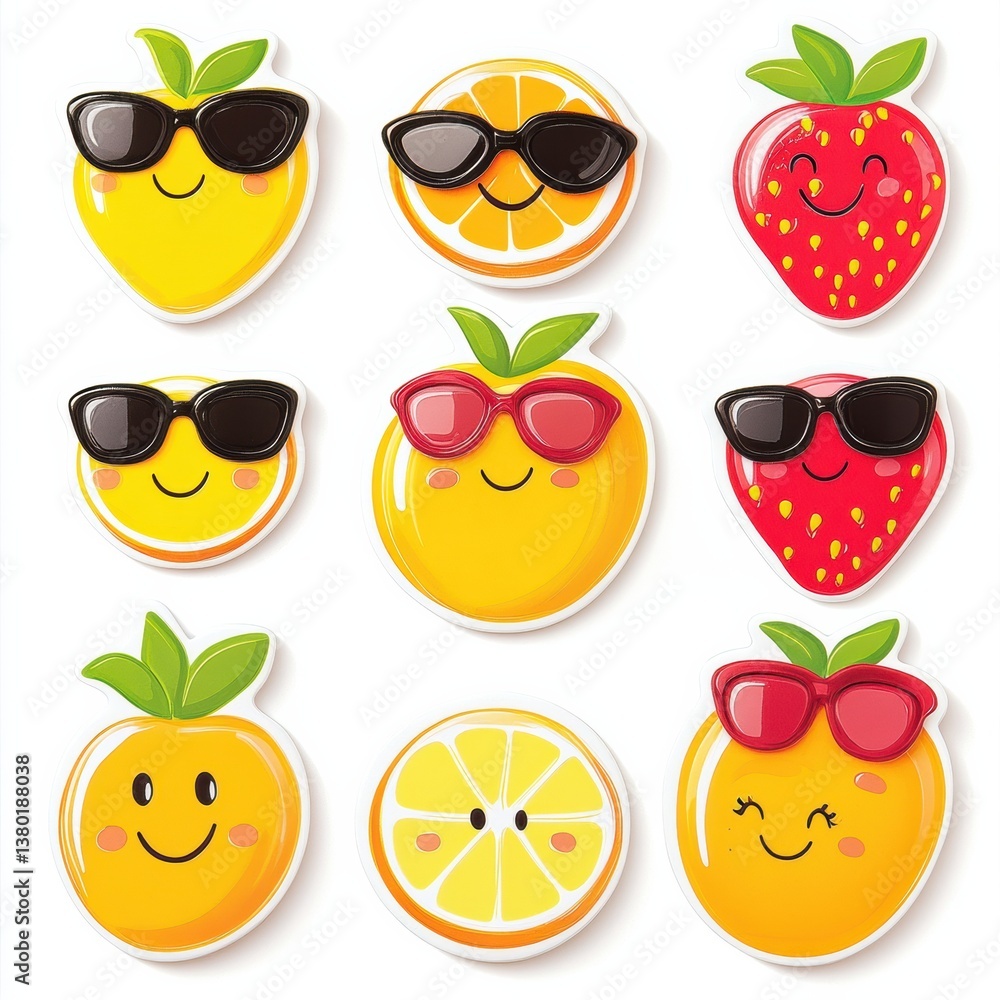 Fruit character stickers featuring oranges, bananas, and strawberries with fun smiles and sunglasses for a cheerful atmosphere
