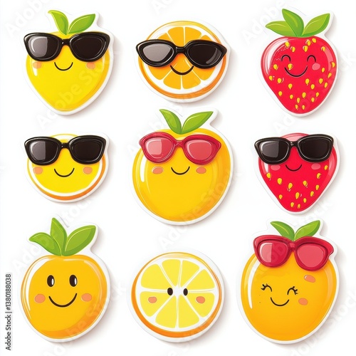 Obraz na płótnie Fruit character stickers featuring oranges, bananas, and strawberries with fun smiles and sunglasses for a cheerful atmosphere w salonie