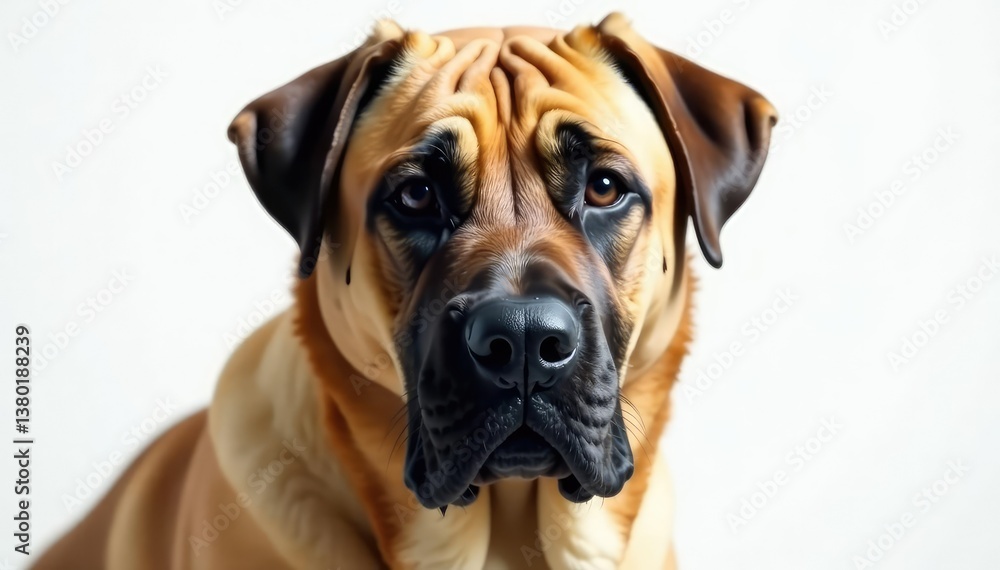 Fototapeta premium Noble mastiff head shot, intense gaze, pure white backdrop, macro, giant breed