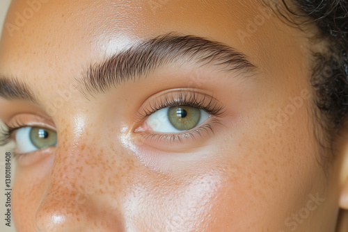 green eye and fluffy laminated full eyebrow close up with bright under eye bags and freckles macro shot with eyelid and blepharoplasty close up