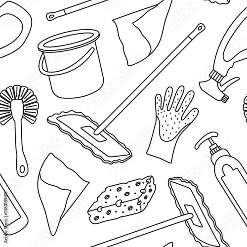 Vector seamless pattern with items for cleaning the house in doodle style. Drawing for various projects with linear equipment for cleaning.