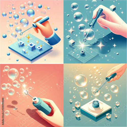 Bubble creation process with tools against colorful backgrounds  