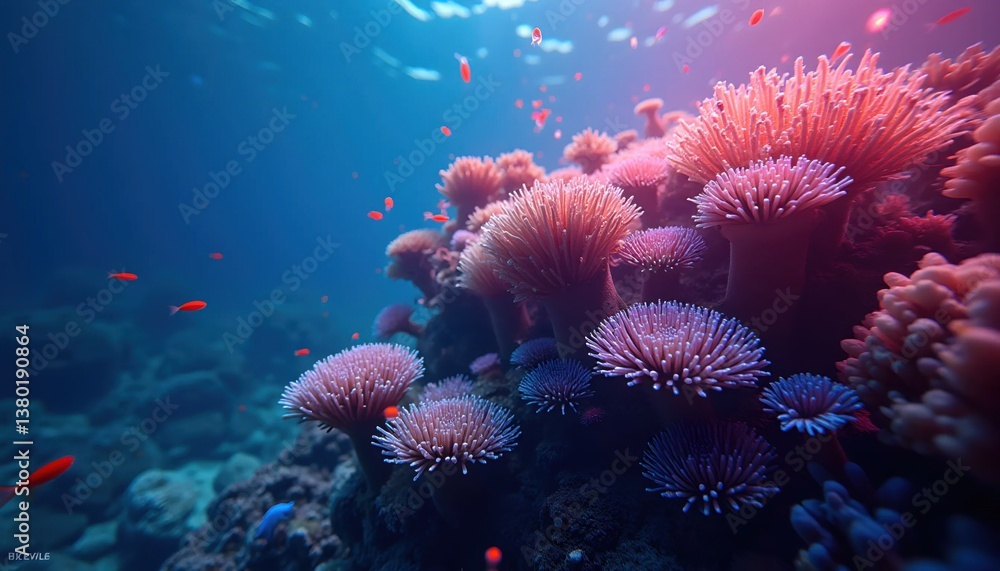 A large group of pink and purple sea anemones on a coral reef A large group of pink and purple sea anemones on a coral reef