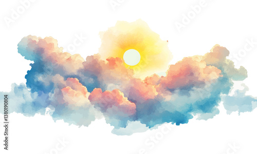 Watercolor illustration of sun and clouds, white background