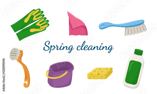 Vector set of spring cleaning items with text. Horizontal banner for design with cleaning equipment.