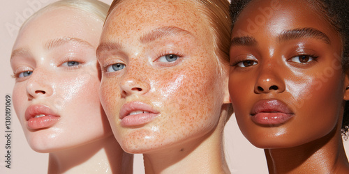 cosmetics or beauty campaign shot against plain pink background three beautiful models with skin texture glass skin natural makeup freckles and moisturiser and skintones