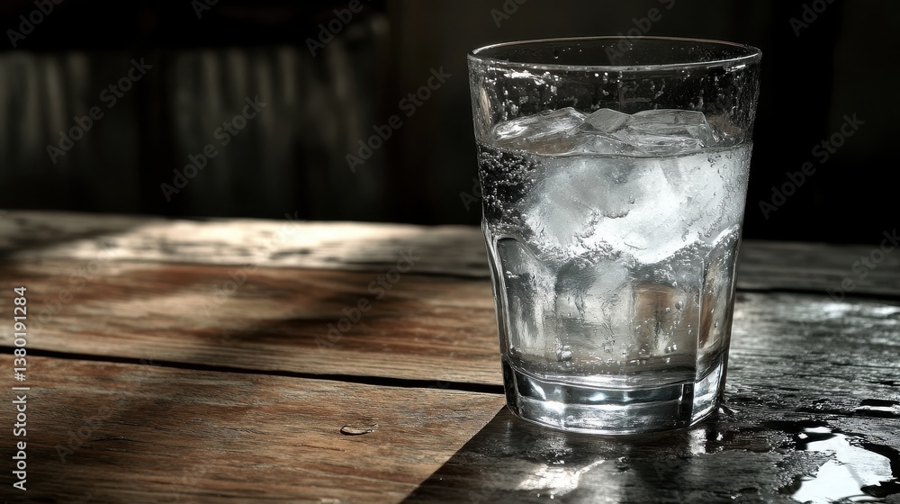 A glass of water with ice cubes on a rustic wooden table. A glass of water with ice cubes on a rustic wooden table.