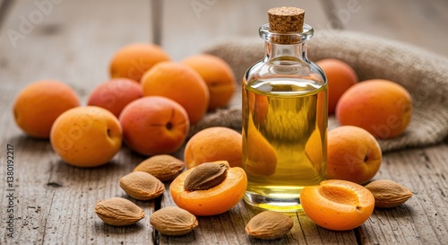 Apricot Kernel Oil: Rustic Still Life with Fruit, Seeds, and Glass Bottle on Aged Wood.