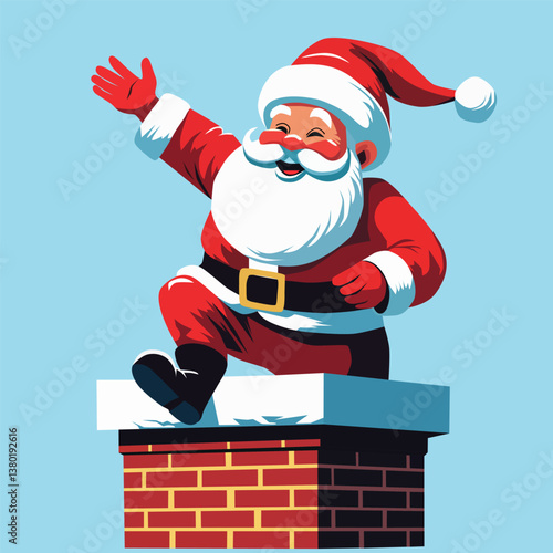 Santa Claus coming down the chimney and delivering presents. Vector image.