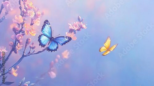 Two butterflies near pink blossoms against a pastel background