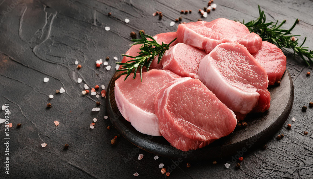 Raw fresh pork meat with peppercorns, rosemary, and spices. Uncooked. Gourmet meal preparation