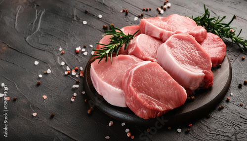 Obraz na płótnie Raw fresh pork meat with peppercorns, rosemary, and spices. Uncooked. Gourmet meal preparation w salonie