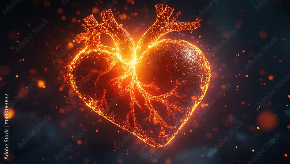Fiery heart ablaze, a digital rendering of anatomical detail with vibrant, glowing embers. Intense and dramatic. Fiery heart ablaze, a digital rendering of anatomical detail with vibrant, glowing embers. Intense and dramatic.