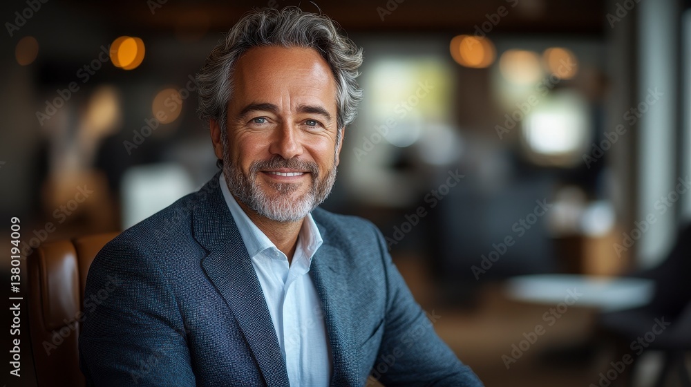 Confident gray-haired man smiles in suit jacket; relaxed atmosphere Confident gray-haired man smiles in suit jacket; relaxed atmosphere