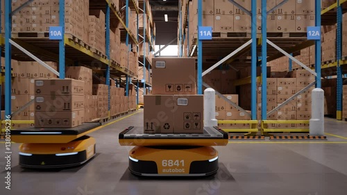 Autonomous AGV robots transporting cardboard boxes in automated warehouse or distribution logistics center. Smart warehouse automation concept. Seamless looping parallel shot. 3d rendering animation.