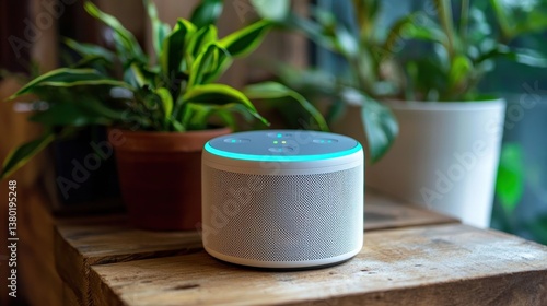 Smart Speaker on Wooden Table Surrounded by Green Indoor Plants for Modern Living Spaces and Efficient Communication