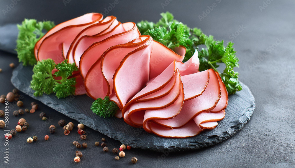 Slices of ham, herbs and spices on dark background. Tasty meat, cooking and culinary. Gourmet food