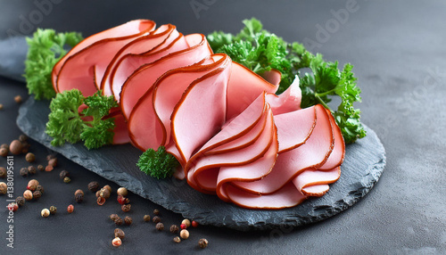 Obraz na płótnie Slices of ham, herbs and spices on dark background. Tasty meat, cooking and culinary. Gourmet food w salonie