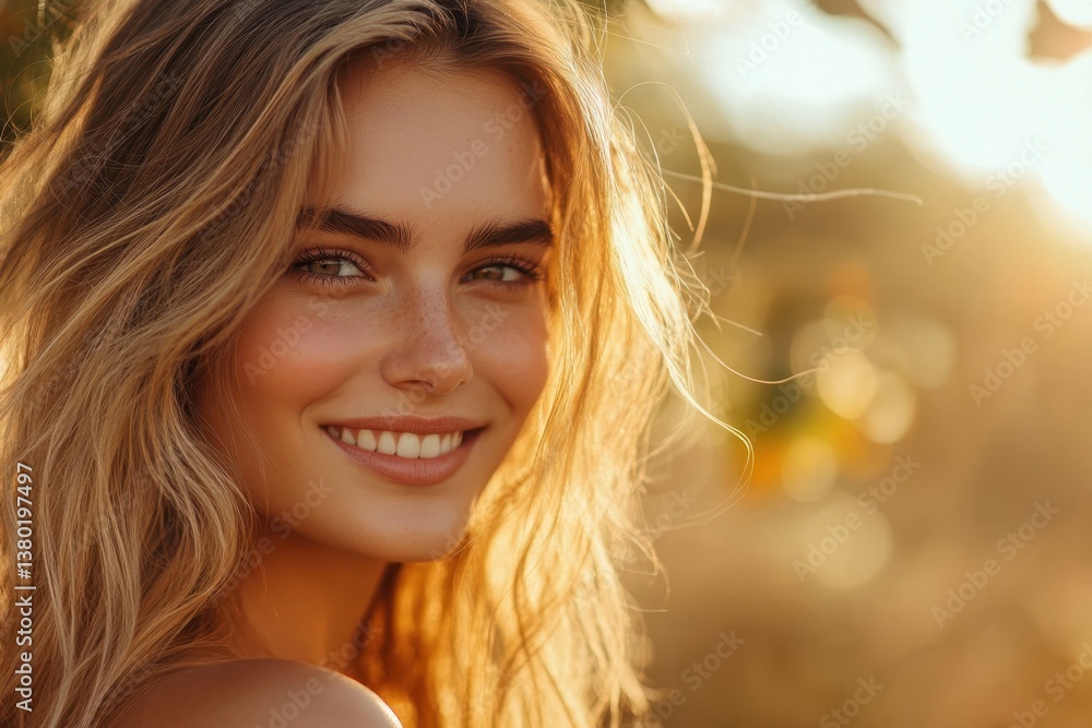 Young woman smiling in golden sunlight during a warm late afternoon outdoors Young woman smiling in golden sunlight during a warm late afternoon outdoors