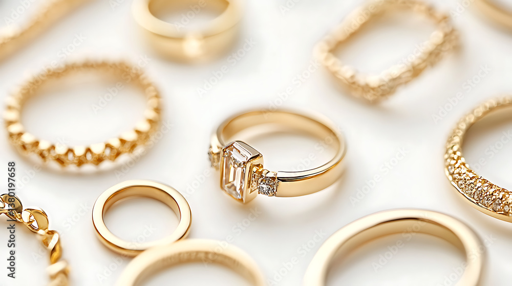 A collection of gold and diamond rings are displayed on a white background A collection of gold and diamond rings are displayed on a white background