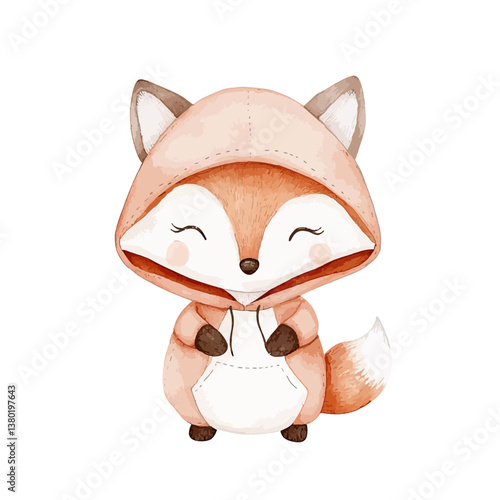 Watercolor Fox in Hoodie: An adorable, hand-painted watercolor illustration of a cheerful fox, donning a cozy hoodie and a charming expression, capturing a sense of playful innocence.