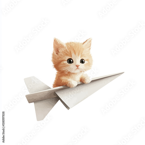 Whimsical Kitten's Flight: An adorable ginger kitten joyfully pilots a paper airplane, capturing the innocence and playful spirit of childhood adventure.
