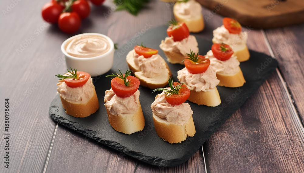 Tasty finger food spread with chicken and cheese pate and tomatoes. Delicious appetizer, closeup. Gourmet snack, chicken and cheese pate with tomatoes. Party food spread.