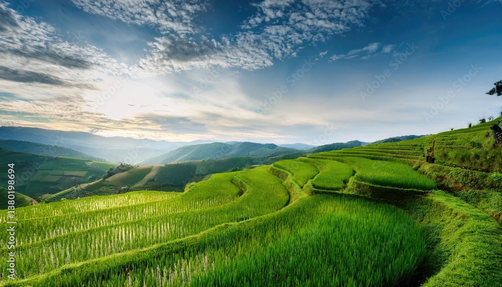 Fototapeta premium serene rice terrace with lush green layers and tranquil skyserene rice terrace with lush green layers and tranquil sky