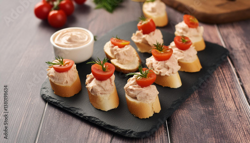 Obraz na płótnie Tasty finger food spread with chicken and cheese pate and tomatoes. Delicious appetizer, closeup. Gourmet snack, chicken and cheese pate with tomatoes. Party food spread. w salonie