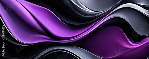 An abstract wavy design with purple, black, and silver tones flowing together in smooth, organic curves