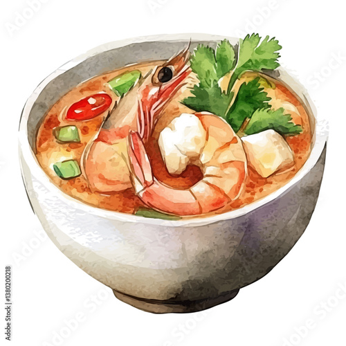 A watercolor vector of a bowl of Tom Yum Goong, isolated on a white background. Tom Yum Goong vector

