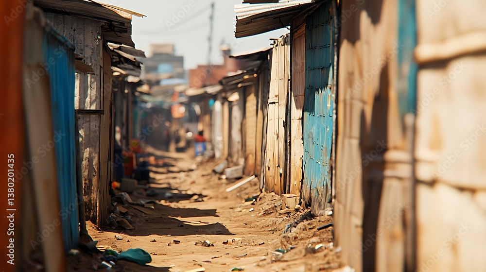 Fototapeta premium A narrow alleyway lined with makeshift structures, showcasing a blend of colors and textures, reflecting a vibrant yet challenging living environment.