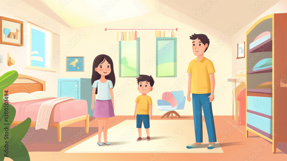 Family members evaluate the children's bedrooms, focusing on organization and aesthetics, enjoying quality time together in a bright and inviting space. Family members evaluate the children's bedrooms, focusing on organization and aesthetics, enjoying quality time together in a bright and inviting space.