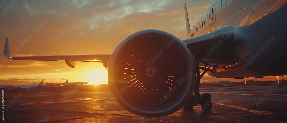 Airplane parts in sunset light. Modern commercial plane engines in close up