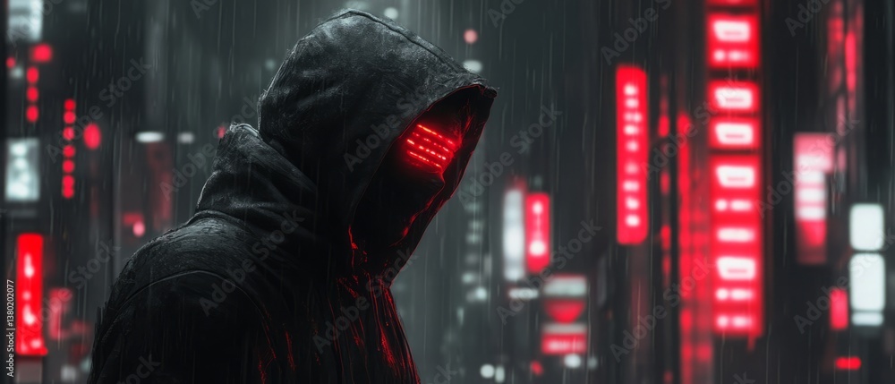 A masked individual in a dark hoodie, surrounded by digital warnings of scam alerts in a moody, high-tech environment.
