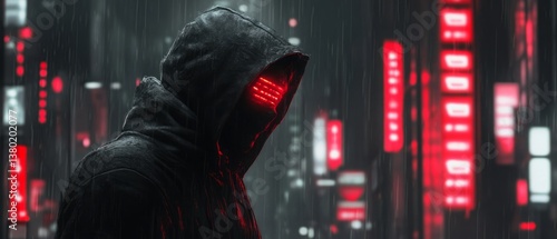 Obraz na płótnie A masked individual in a dark hoodie, surrounded by digital warnings of scam alerts in a moody, high-tech environment. w salonie