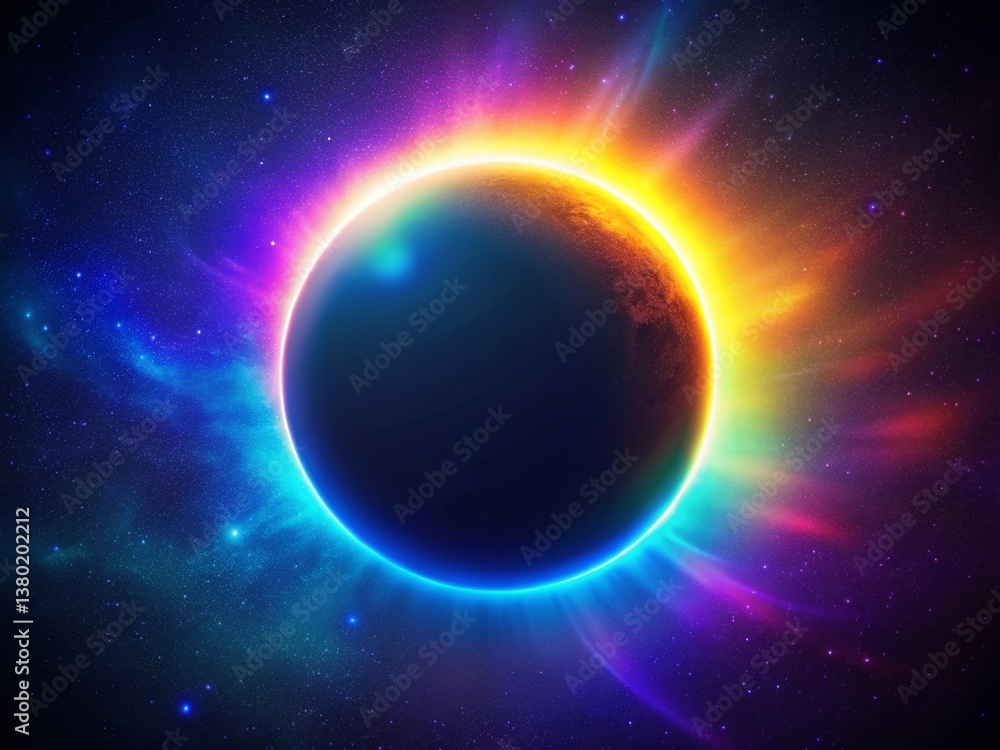 Fototapeta premium Cosmic Eclipse: Neon Blazing Star & Planet in Dark Nebula